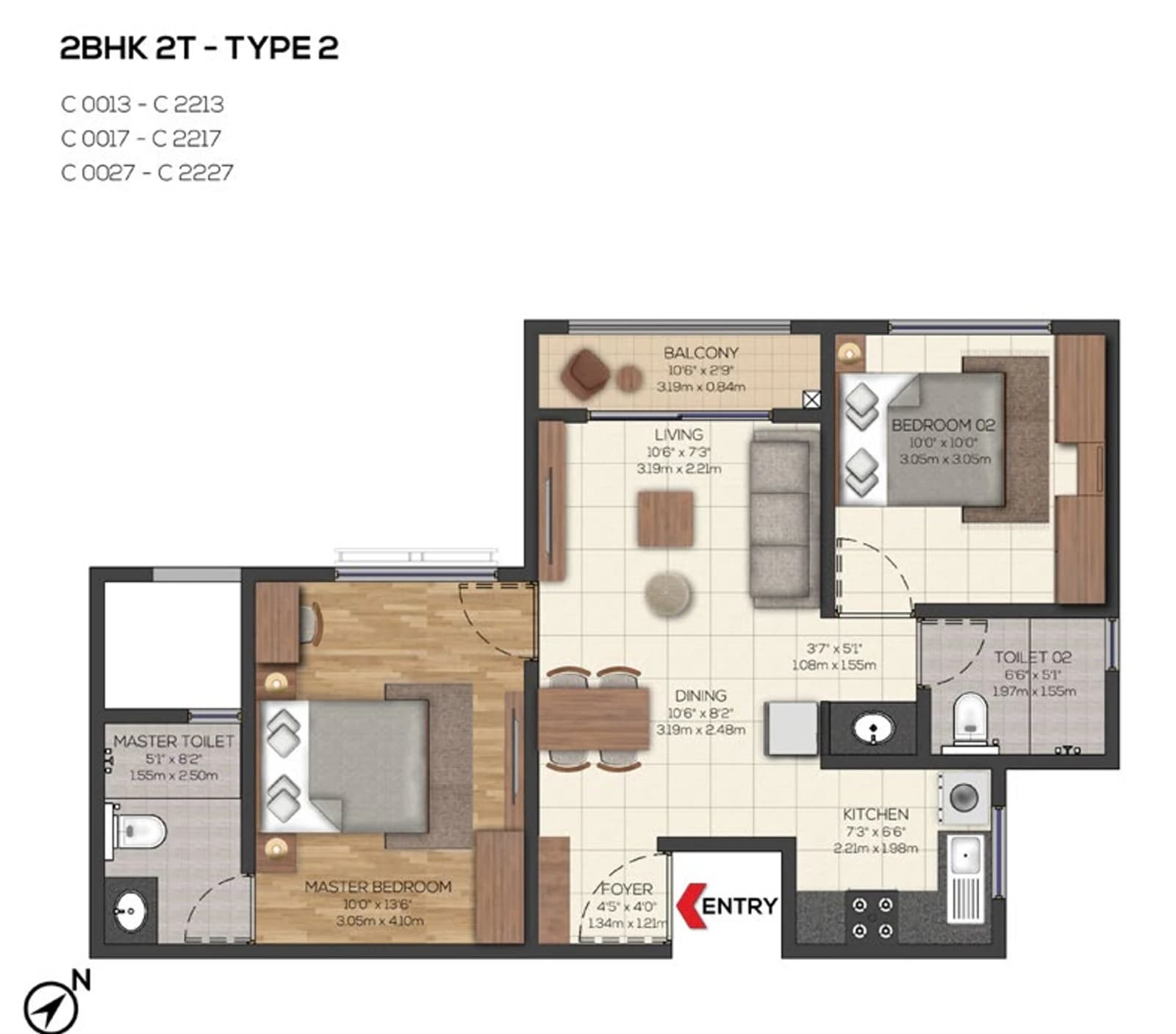 Floor plan, 2BHK 2T - TYPE 2