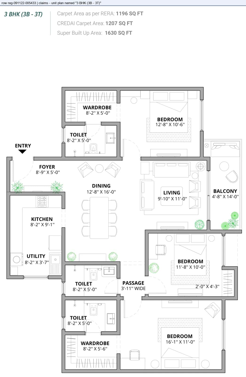 Floor plan, 3 BHK · 3b - 3t