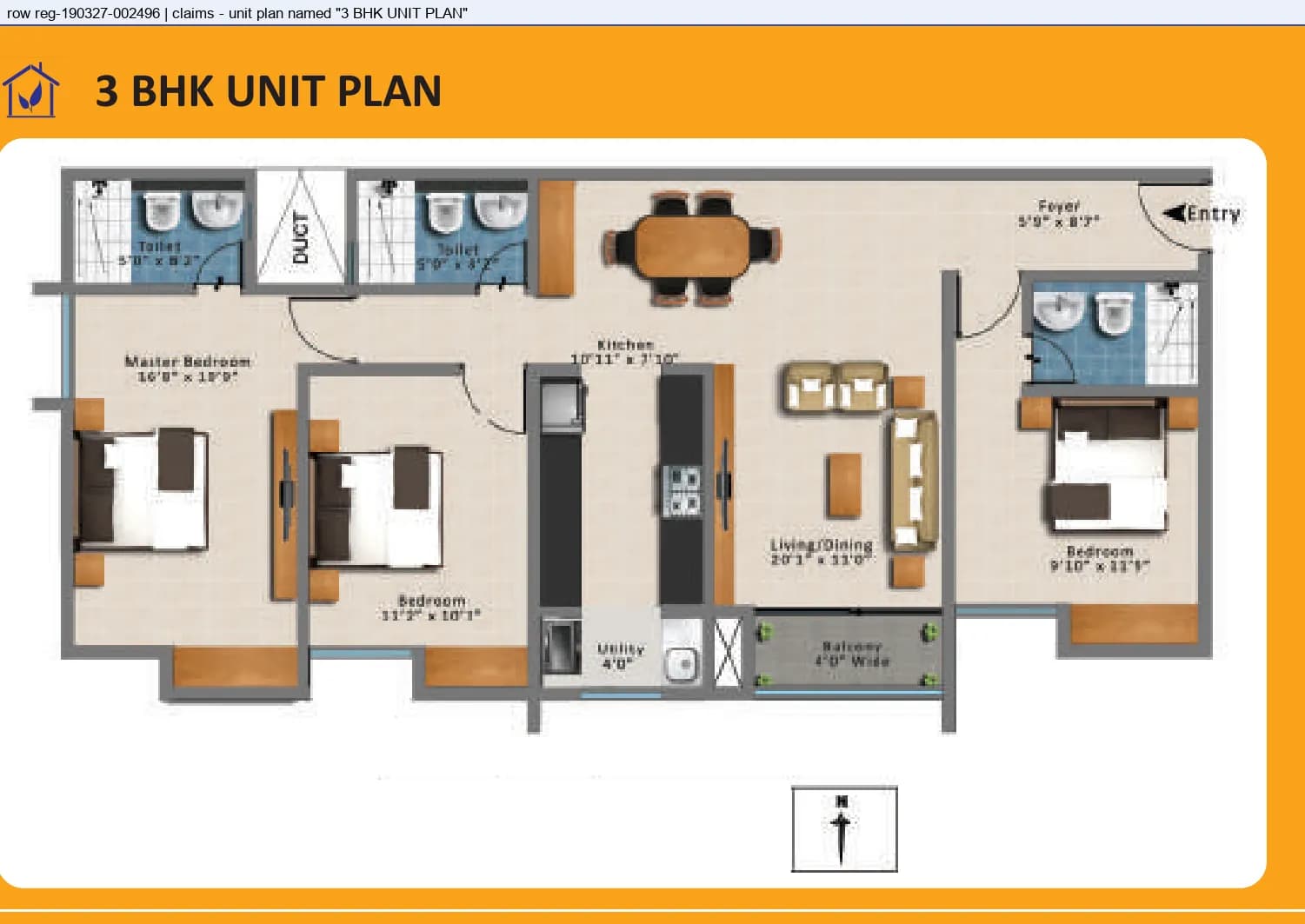 Floor plan, 3 BHK